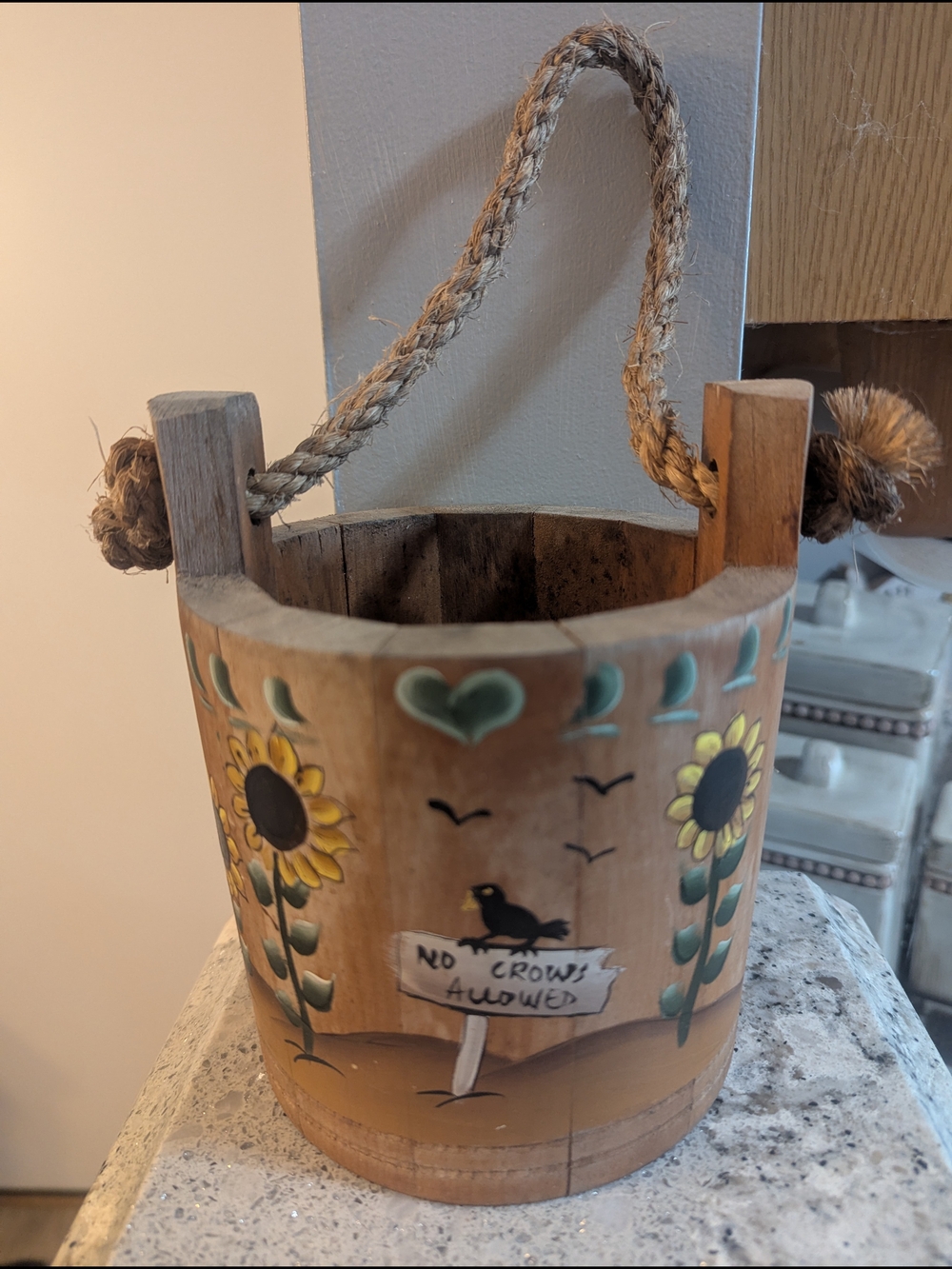 Vintage Wood Small Bucket Wall Decor Planter w/Rope Handle Cottage Country Style